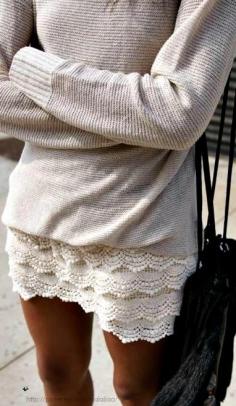 cozy sweater, short lace skirt. My favorite outfit. Super casual.