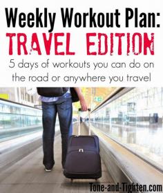 5 days of workouts that you can do in a hotel room or on vacation- no equipment or much space needed! Tone-and-Tighten.com
