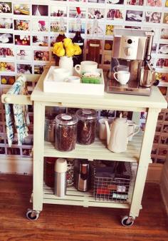 If you're short on counter space, why not turn the old idea of a bar cart into one that suits your particular needs? Elsie turned this old cart into a coffee/tea station, but you could just as easily use a rolling cart as a baking station or storage for oils, vinegars, spices, and herbs.