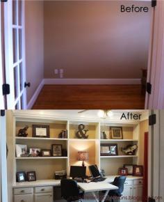 home office with built ins and cabinets - add baskets, boxes, magazine racks to top for better use of storage room - MUST DO!!