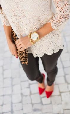 Elegant chic with lac detail top, leopard and black