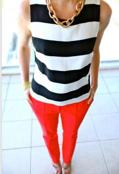 B&w + stripes + coral + cropped pants + casual XX♥