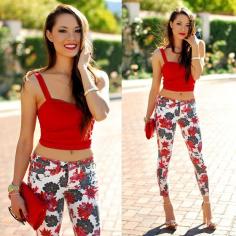 Bebe Red Floral Denim, Windsor Store Red Crop Top, Hello Beautiful White Bangle, Daily Look Red Clutch