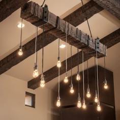 Houzz - Home Design, Decorating and Remodeling Ideas and Inspiration, Kitchen and Bathroom Design...love the beam & modern lighting. This would be cool over a long barnwood table
