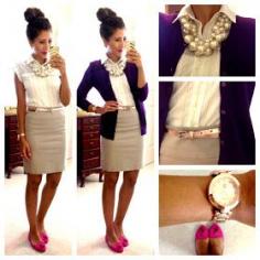 White button up, tucked into a cream/light brown skirt, metallic belt on skirt, large pearl cluster necklace, deep purple cardigan, pink pumps, work