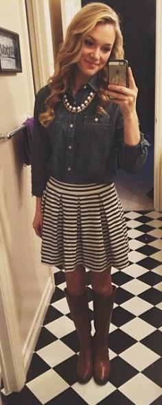 Navy shirt, navy and white stripe pleated skirt, brown leather boots, necklace