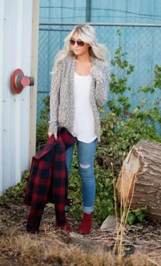 white tee + grey cardigan + medium wash jeans + red boots + plaid printed jacket + sunglasses