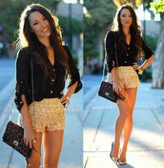 Chicwish Peach Crochet Shorts, Forever 21 Black Sheer Blouse, Very Honey Leopard Bag, Vince Camuto Heath Gold Heels - Sunset Sail - Jessica R.