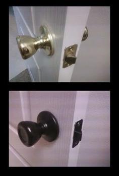 Paint all the shiny brass knobs with Rustoleum Oil Rubbed bronze spray. EASY WAY TO UPDATE YOUR HOME!