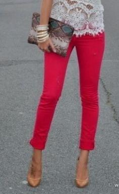 bold skinnies, neutral heels, and a lace top