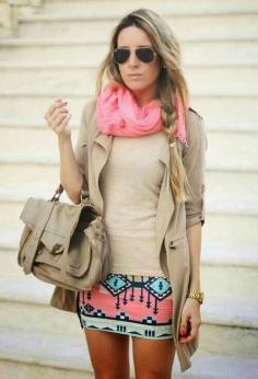 Cute Colorful MIni Skirt with Pink Scarf, Beige Jacket, T-Shirt, Handbag and Accessories
