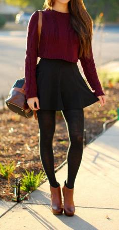 Bordeaux cropped sweater and comfy skirt for fall