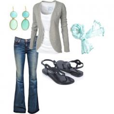 Gray cardigan with turquoise accessories, gotta love gray and turquoise