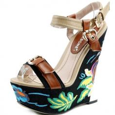 Women's #Fashion #Shoes:  YWWH Women's 2263 #Black Tropical Print Wedge Sandals:  #Wedges