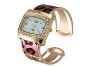 BestOfferBuy Women's Fashion Leopard Print Gold Cuff Bracelet Bangle Watch Pink