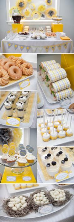Birds & Bees Themed Gender Reveal Party - On to Baby. Change the colors for any kind of party, but I love the sandwiches wrapped in paper!