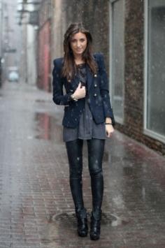 chicago street fashion, leather leggings and navy nautical blazer