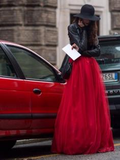 long red dress and leather jacket