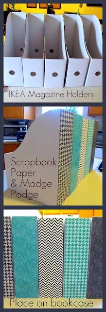 IKEA magazine holders ($3 dollars or less) + scrapbook paper + modge podge. Perfect for office organization. Love!