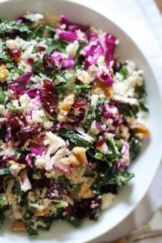 Raw Cauliflower Couscous with Kale, Cabbage, Walnuts, Dried Cranberries, and Lemon-Mustard Vinaigrette