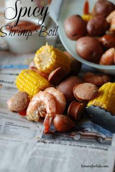 Jumbo shrimp, red potatoes, corn sausage and lots of spice piled high for a good old shrimp boil! www.lemonsforlulu...