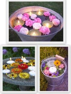 Floating Flower Inspiration, summer garden party decor, easy outdoor patio decor, floating candles, rustic decor