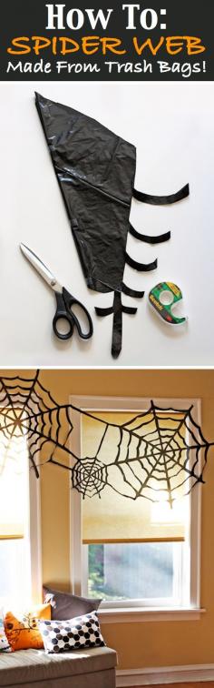 Homemade Halloween Decorations - How to make a spider web from trash bags.