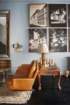 wood frames and blue walls