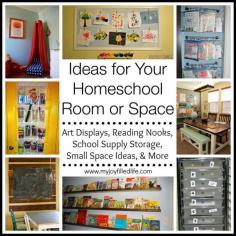 Ideas for Your Homeschool Room or Space - Art Display Ideas, Reading Nooks, Bookshelf Organization, Small Space Ideas, and More.