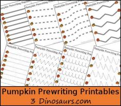 Free Pumpkin Prewriting Printables - 3 different types: dotted line, solid line, & thick line dotted - 3DInosaurs.com