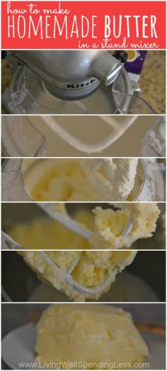 How to make homemade butter in a stand mixer. I seriously cannot believe how easy this is! It costs less, tastes better, and makes a great hands-on lesson while reading Little House in the Big Woods!