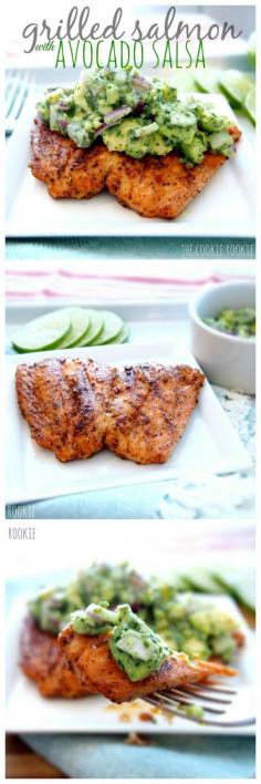 Grilled Salmon with Avocado Salsa. Delicious, healthy and easy. Perfect for the warmer weather! {The Cookie Rookie}