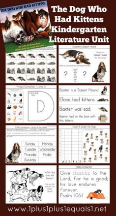 Kindergarten Literature Unit Study Printables to go along with the book,  The Dog Who Had Kittens   --  FREE from @{1plus1plus1} Carisa #Kindergarten