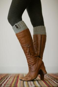 Knitted Boot Cuffs, Faux Leg Warmers, or Boot Toppers with Chunky Knit and Wooden Working Buttons for Women and Teens in Light Gray