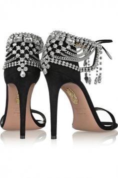 Olivia Palermo crystals embellished black suede high heels #sandals by Aquazzura.