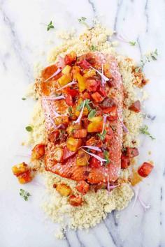 Dinner in 20 minuets! Roasted salmon with sautéed tomatoes and chorizo