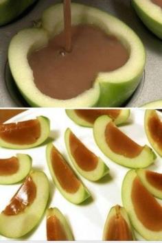 Here's a new spin on making caramel apples... Hollow out the apples, melt the caramel, pour into the apples and let them cool and set. Then slice them up.