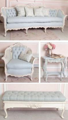 So pretty, French suite, upholsted in Pale Blue Linen and painted in Antique White... Shabby Cottage chic