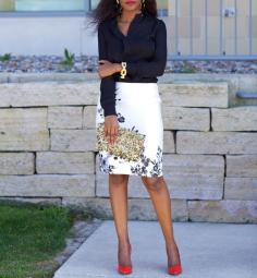 amazing pencil skirt outfits | Gold Accents: White & Black Floral skirt - JustPatience