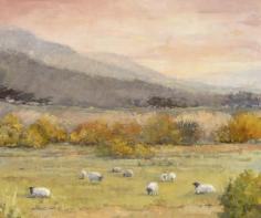 "Local Gathering"  This painting was painted in the studio from an outdoor piece on location.  This is the pasture behind the Mission Ranch... Carmel River Beach is to the right with Point Lobos off in the distance to the right.