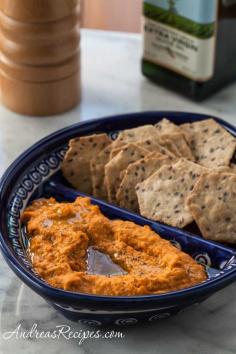 Roasted Red Pepper Hummus, with fresh roasted red peppers. Tasty and healthy after school snack.