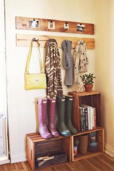 boot organizing | Old crates or boxes Inspiration Gallery: Well Organized Mudrooms - Whether your mudroom is in the front of the house or back of the house, these well organized spaces show that you often don't need a whole room as a drop zone — just a wall or a corner will do. Here are a few ideas for tackling those muddy boots and misplaced mittens this winter.