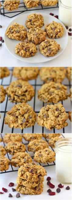 Pumpkin Oatmeal Cookies with Chocolate Chips and Dried Cranberries. Recipe on twopeasandtheirpo... A MUST make cookie for fall! #cookies #pumpkin