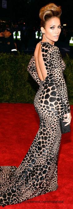 She Is Fab!! Met GALA 2013:    Jennifer Lopez The dress: Michael Kors custom black leopard sequin-embroidered gown with long sleeves and open back  The bling: Dana Rebecca Designs earrings and a Rona Pfeiffer ring.