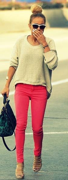 Pink jeans, comfy sweater, fun bun! #streetstyle
