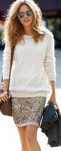 sweater with sequin skirt.  I have been wondering how to wear a glizy skirt in a more casual way.  Love the sweater.  Would be a cute Christmas Day outfit.