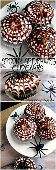 
                        
                            Moist chocolate cupcakes are topped with a vanilla frosting and chocolate swirl spiderwebs, making these cupcakes "Spooktacular!"
                        
                    