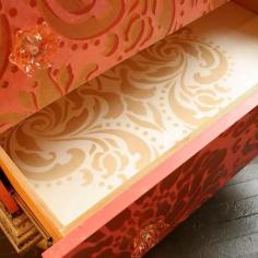 
                        
                            Metallic Paint and Stencils on Dresser Drawer | Beautiful Furniture| Project by Louisville, Kentucky artist Linda Gale Boyles
                        
                    