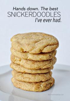 These are hands down the best Snickerdoodle cookies I've ever had.  I could eat a dozen in one sitting.