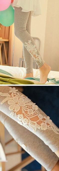 Grey Leggings with Floral Applique Cutout Lace